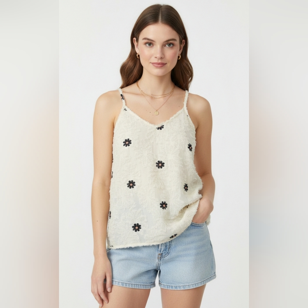 Cream Tank Floral Fuzzy Boho Artsy Hippie Festival Embroidered XL
